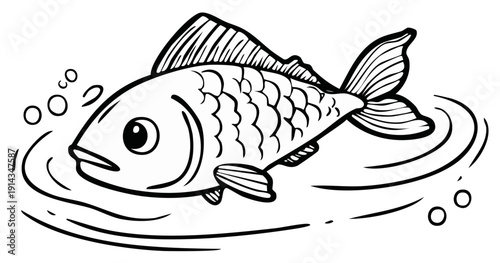 Stylized Black and White Fish Swimming in Rippling Water with Bubbles
