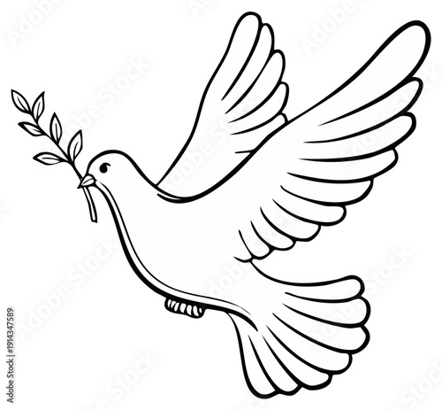 Flying Dove of Peace with Olive Branch Line Art Illustration