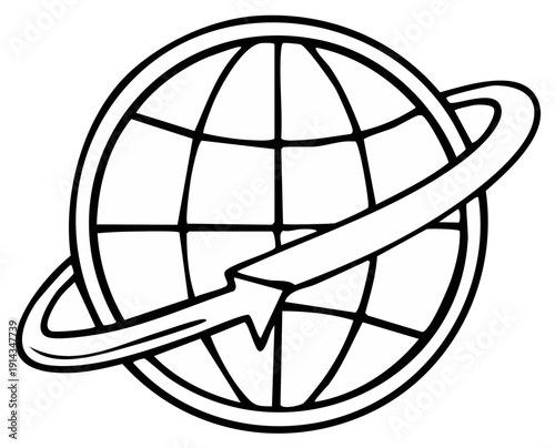 Stylized globe with orbiting arrow and abstract network lines representing global connection and travel