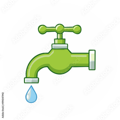 Green water faucet dripping a single clear drop conserving resources and saving energy concept