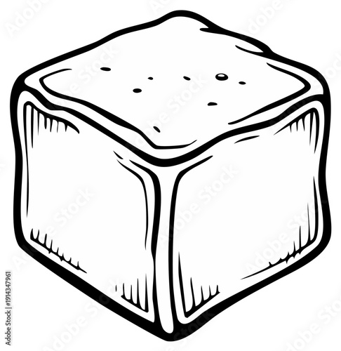 Hand drawn sketch of a single ice cube with sharp edges and texture details