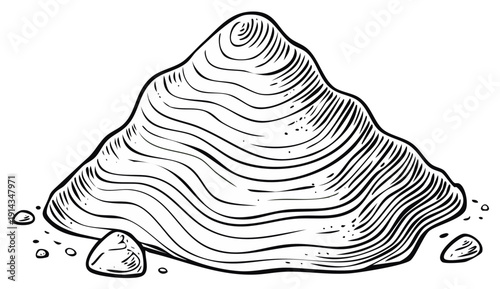 Engraved style illustration of a small ground mound with texture and scattered stones