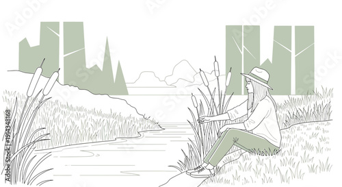 Woman Sitting by River in Nature, Peaceful Landscape Illustration