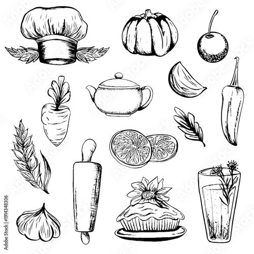 set of contour illustrations, cooking, food,   tableware. hand-drawn