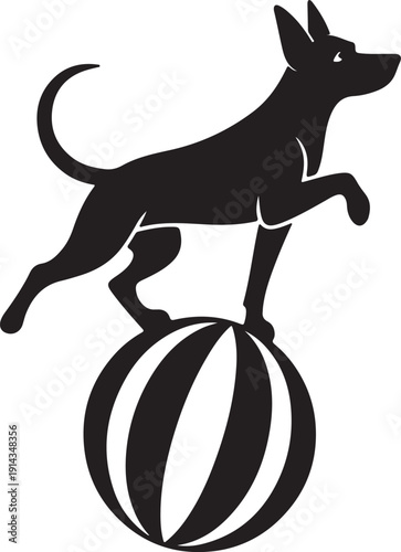 Dog Balancing on Ball Silhouette – Pet Training and Circus Animal Vector Illustration