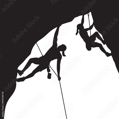 Rock Climbing Silhouettes in Cave – Extreme Sport Adventure Vector Illustration