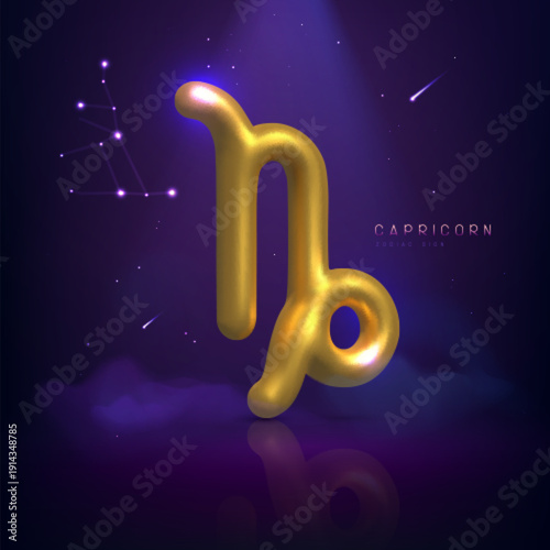 3d golden magic astrology Capricorn zodiac sign and constellation on space background. Vector illustration