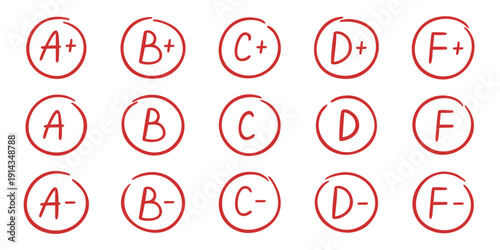 Exam grade and school test results doodle icon set. Hand drawn circled numbers, red pen marks, and teacher checks in sketch style. Vector illustration isolated on white background