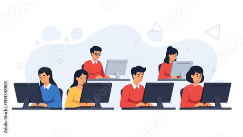 Diverse team working on computers in an office setting, flat design illustration