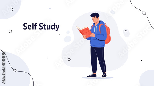 Young Man Reading Book, Self Study, Education Concept, Backpack, Learning