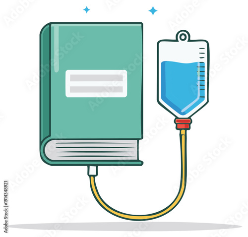 Cartoon style book connected to IV drip symbolizing knowledge, education, learning