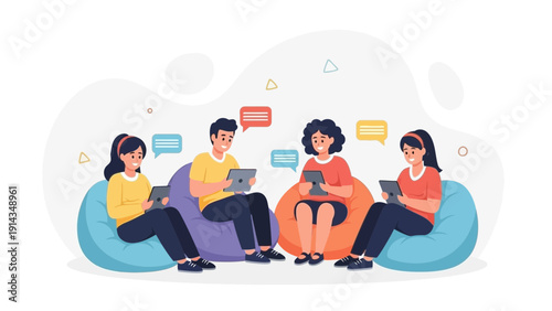 Diverse Group Chatting Online on Tablets, Relaxing on Bean Bags