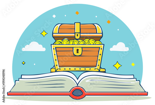 Cartoon illustration of treasure chest overflowing with gold coins on an open book.
