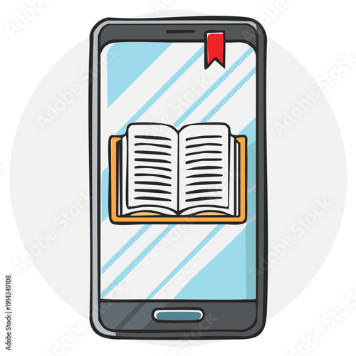 Smartphone displaying open book icon with bookmark digital reading concept doodle illustration