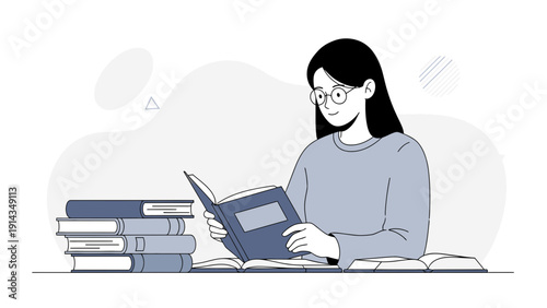 Young Woman Reading Book, Stacked Books, Glasses, Study, Knowledge, Modern Illustration