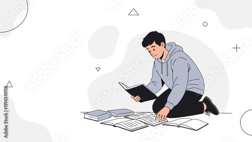 Young Man Reading Books Studying Knowledge Knowledgeable Education Knowledge Concept