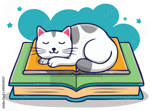 Cute cartoon cat peacefully sleeping curled up on an open book illustration