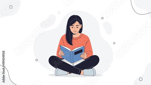 Young Woman Reading Book Sitting Cross-Legged Flat Illustration