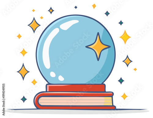 Cartoonish Crystal Ball Resting on Book with Sparkling Starry Aura for Magic and Fortune Telling Concepts