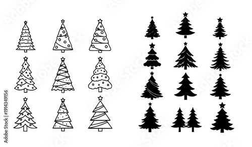 Hand Drawn and Flat Christmas Tree Icons Bundle – isolated on transparent background