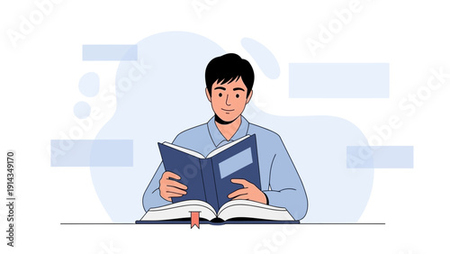 Young man reading an open book, studying, learning, knowledge, education