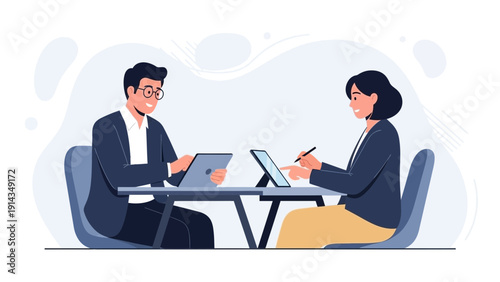 Business meeting illustration: two professionals working with laptops and tablets