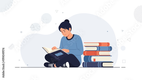 Young person reading a book, sitting among stacked books, illustration