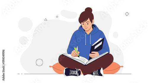 Young student studying and writing in a book, graphic illustration