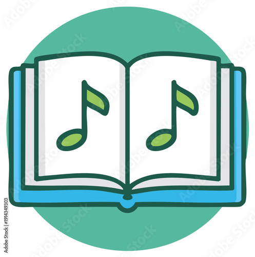 Vibrant Open Book with Green Musical Notes Icon Illustration for Music, Sound, and Education