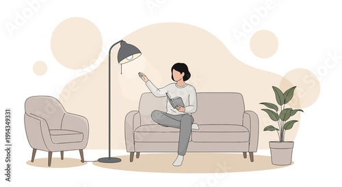 Woman Reading Book on Sofa Under Floor Lamp in Cozy Living Room
