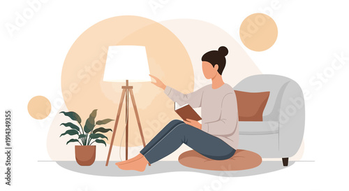 Woman Reading Book Relaxing at Home Cozy Living Room Interior with Lamp and Plant
