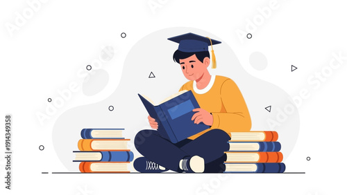 Student Reading Book Wearing Graduation Cap, Education Concept