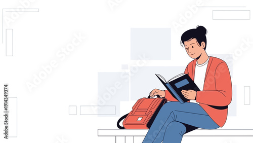 Young Woman Reading Book with Backpack, Sitting Outdoors, Modern Flat Illustration