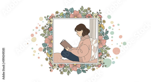 Woman Reading Book Surrounded by Floral Frame, Cozy Illustration