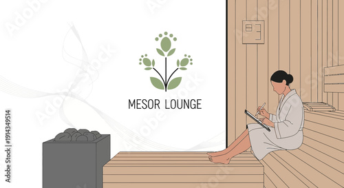 Woman relaxing in sauna, using tablet, spa logo, hot stone heater