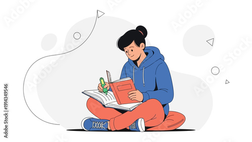 Young student studying book, writing notes with pen, focused on learning