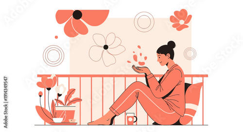 Woman relaxing on balcony with flowers, peaceful spring illustration