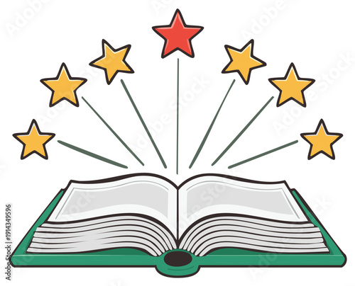 Open book with stars illustration. Award, achievement, education, or review concept.