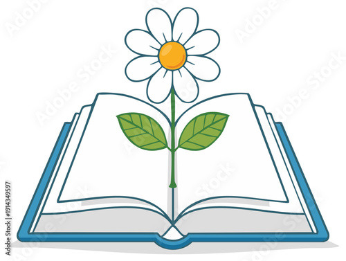 Illustration of a white daisy flower growing from an open blue book symbolizing knowledge and growth