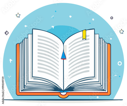 Whimsical open book illustration with bookmarks and stars representing learning and stories