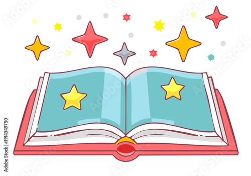 Open book with red cover and flying stars cartoon illustration education magic concept learning reading