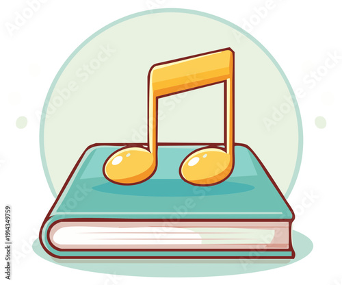 Cartoon illustration of yellow musical note lying on a teal book with white pages, creating an image related to music education.