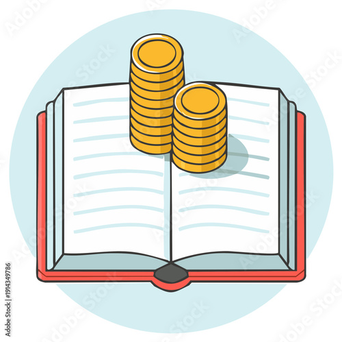 Open book with stacks of golden coins illustration of investing knowledge and financial planning