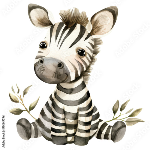 Cute watercolor zebra character with leaves on white background