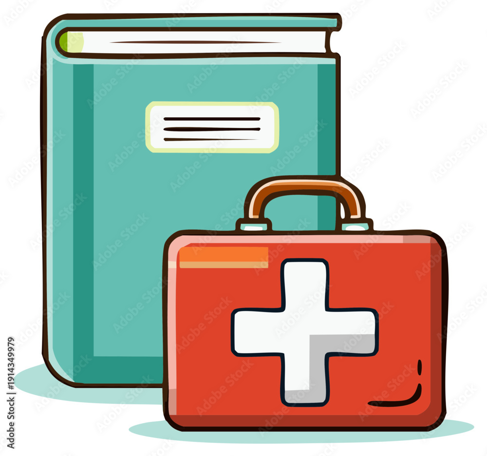 Obraz premium Cartoon illustration of a first aid kit and a medical textbook with a health symbol