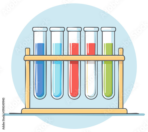 A row of laboratory glass test tubes filled with colorful chemical liquids in a holder