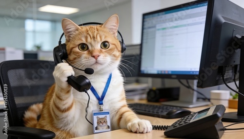 Cute Office Cat With ID Badge in Business Environment