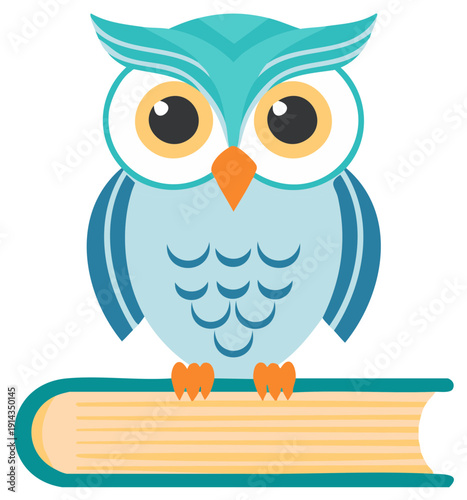 Cartoon owl sitting on a book with open eyes, reading learning concept.