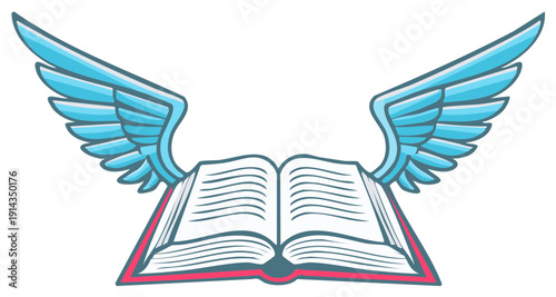 Open Book with Blue Wings Flying, Cartoon Symbol of Knowledge and Inspiration