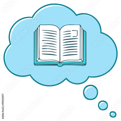 Doodle of an open book inside a blue thought cloud for education and imagination